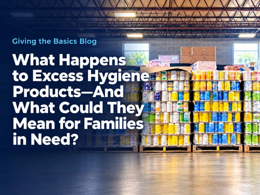 Pallets of donated hygiene products stacked in the Giving the Basics warehouse