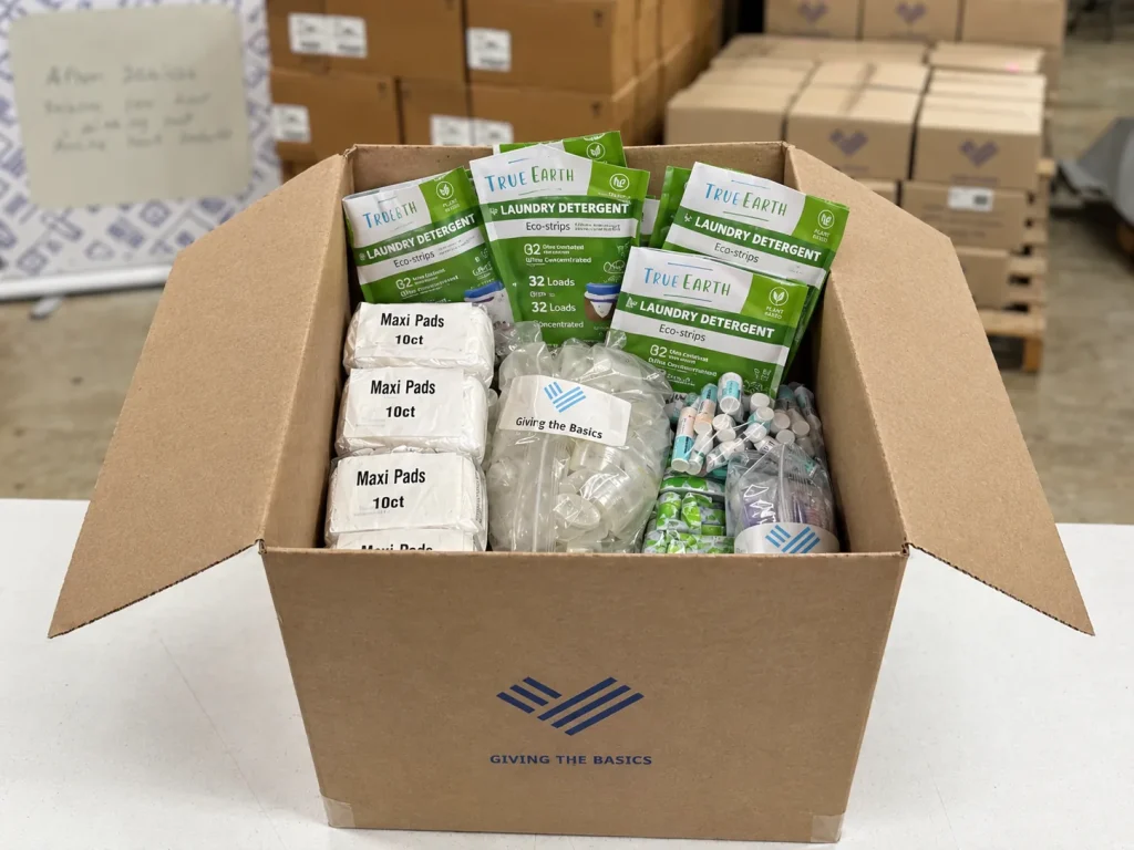 Giving the Basics care package box with Tru Earth laundry detergent sheets, maxi pads and other hygiene essentials